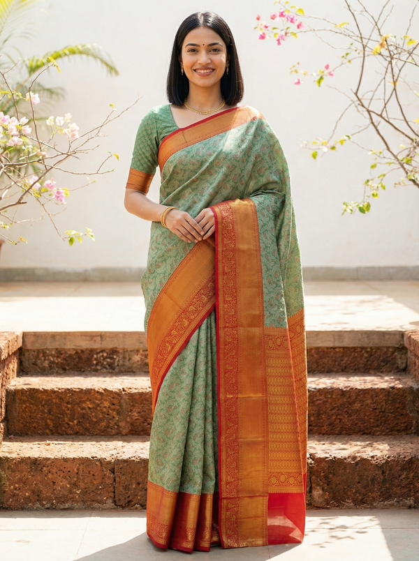 Sage Green Gadwal Inspired Semi Silk Saree with Wide Wide Contrast Border