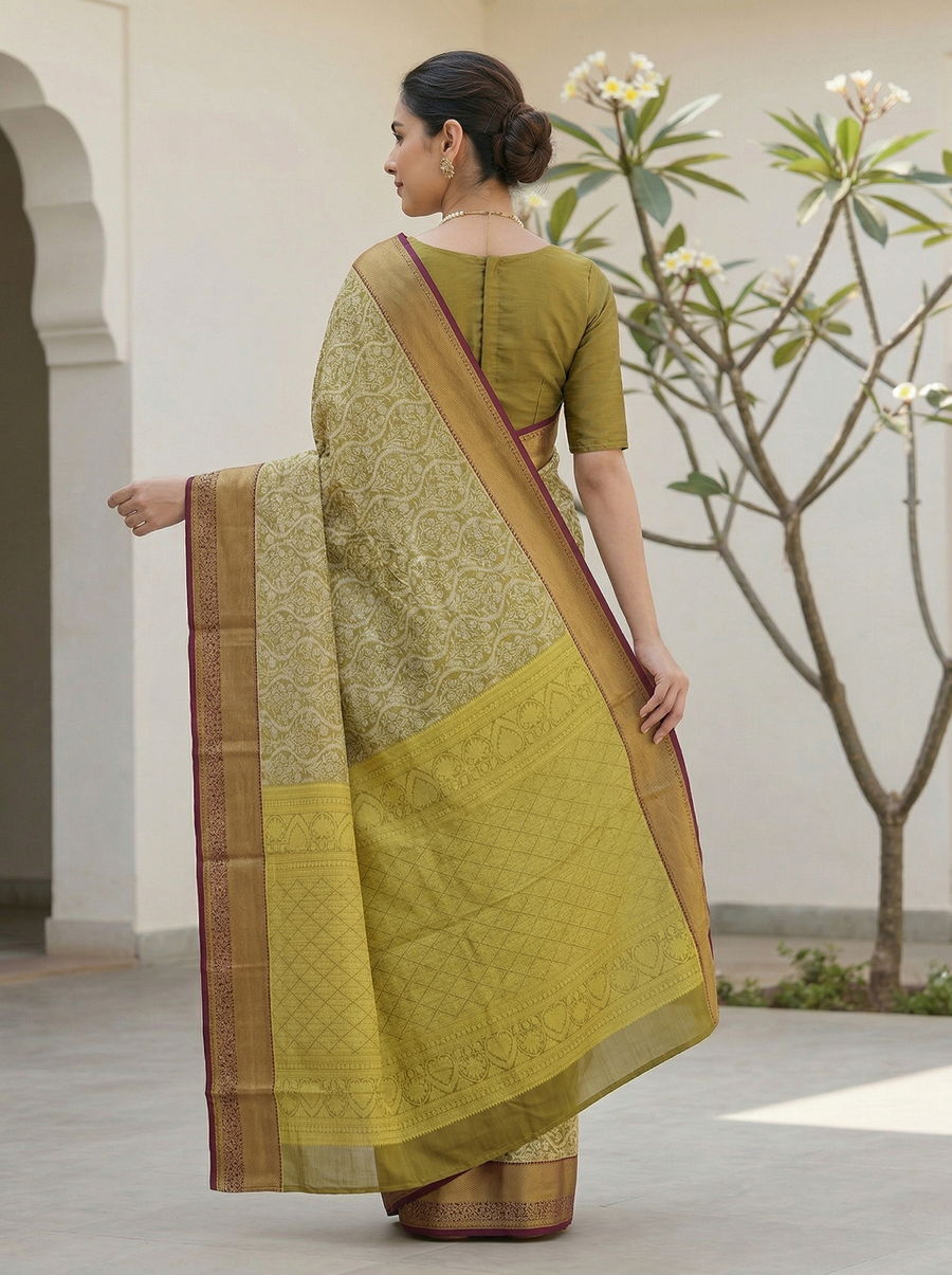 Olive Green Kanchipuram Inspired Semi Silk Saree with Medium Medium Contrast Border