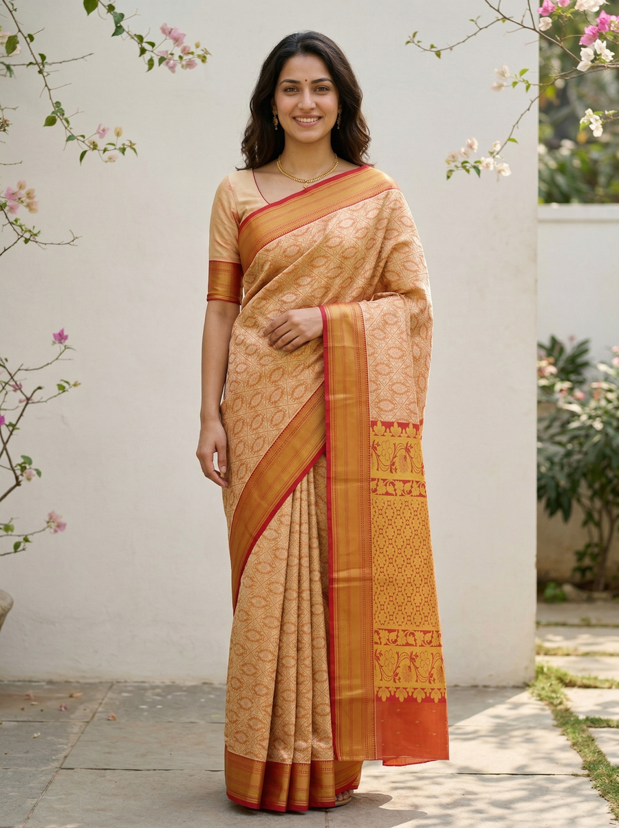 Champagne Gold Dharmavaram Inspired Semi Silk Saree with Wide Wide Contrast Border