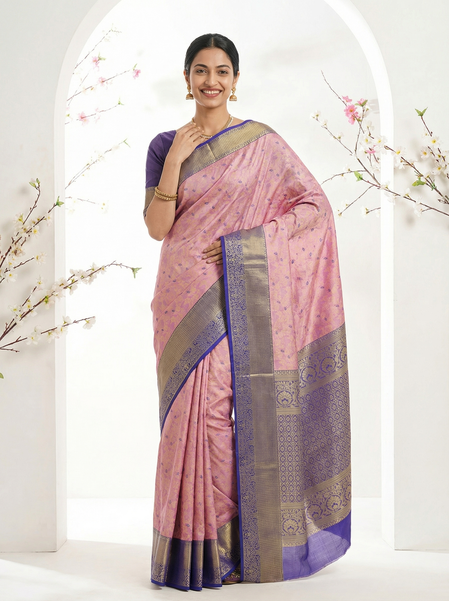 Lavender Bliss Dharmavaram Inspired Semi Silk Saree with Wide Wide Contrast Border