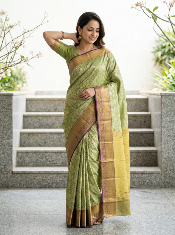 Olive Green Kanchipuram Inspired Semi Silk Saree with Wide Wide Contrast Border