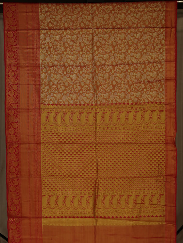 Burnt Orange Kanchipuram Inspired Semi Silk Saree with Wide Wide Contrast Border