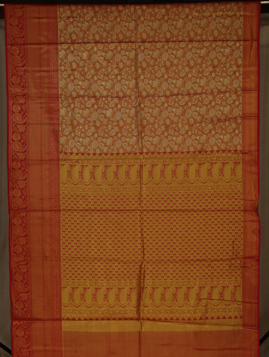 Burnt Orange Kanchipuram Inspired Semi Silk Saree with Wide Wide Contrast Border