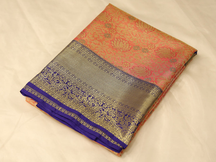 Coral Peach Dharmavaram Inspired Semi Silk Saree with Wide Wide Contrast Border