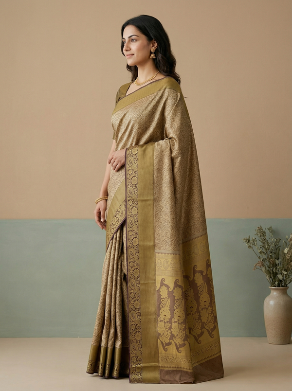 Champagne Gold Kanchipuram Inspired Semi Silk Saree with Wide Wide Contrast Border