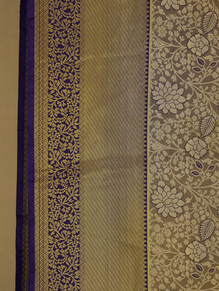 Champagne Gold Kanchipuram Inspired Semi Silk Saree with Narrow Narrow Contrast Border