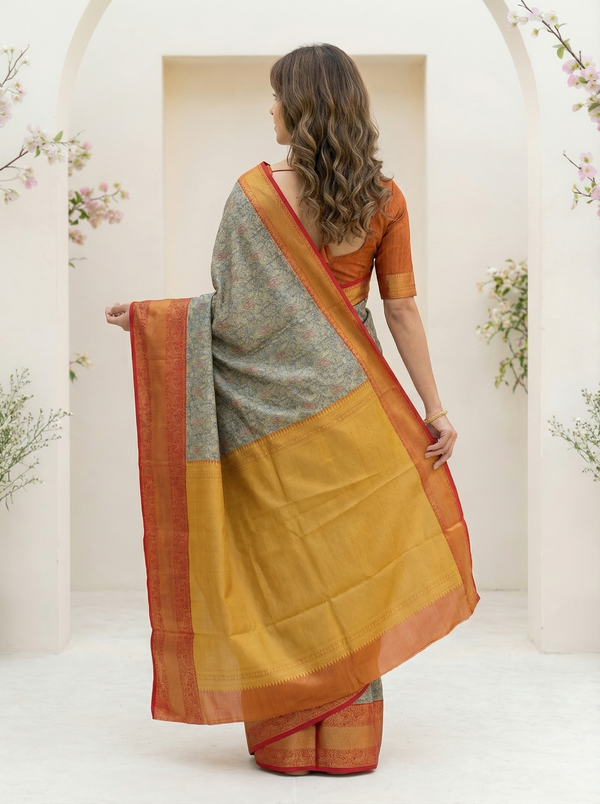 Sage Green Gadwal Inspired Semi Silk Saree with Wide Wide Contrast Border