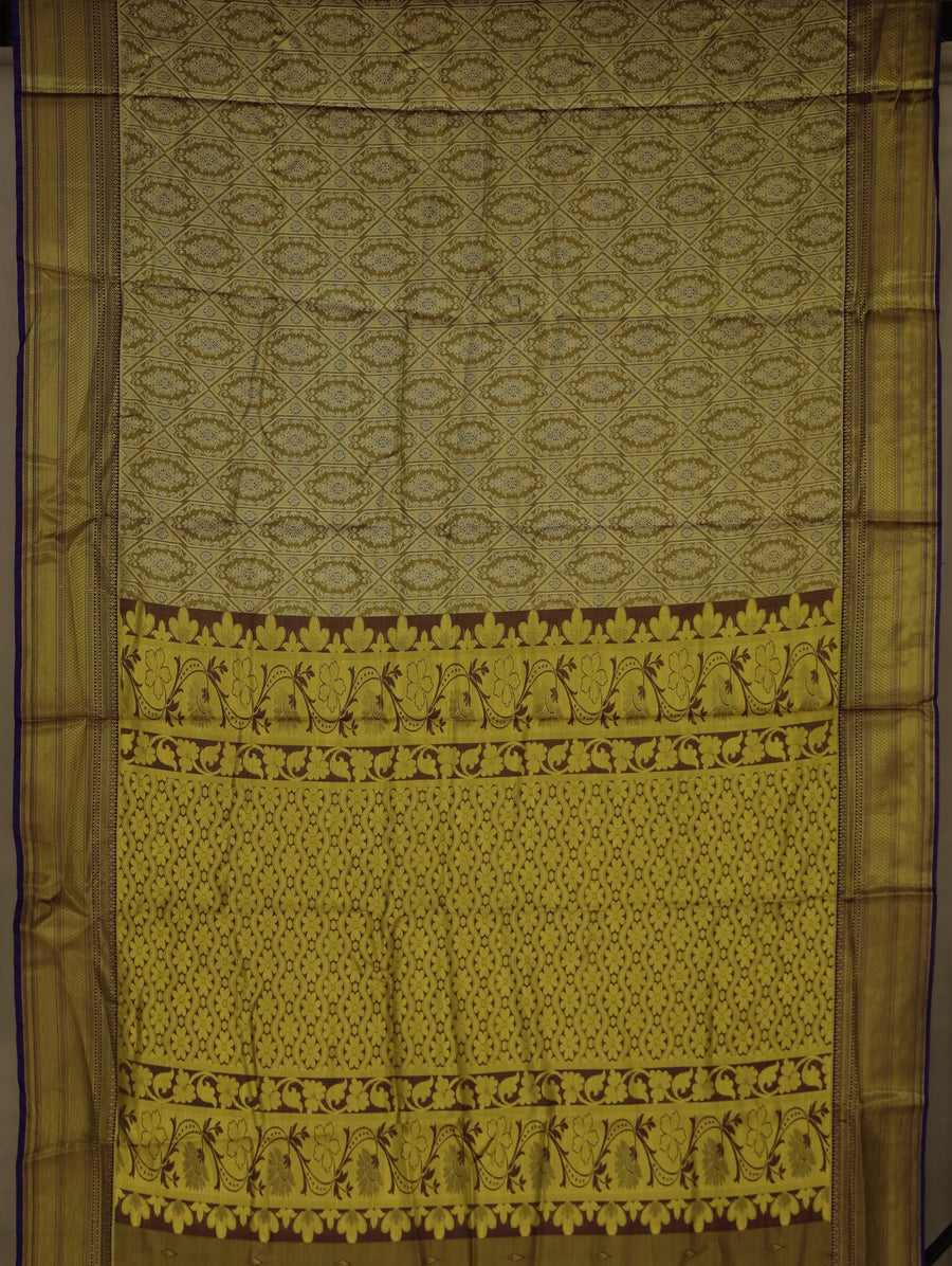 Mustard Gold Kanchipuram Inspired Semi Silk Saree with Medium Medium Contrast Border