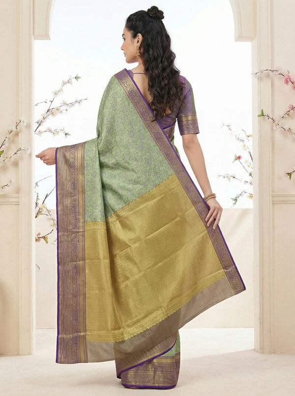 Sage Green Kanchipuram Inspired Semi Silk Saree with Wide Wide Contrast Border
