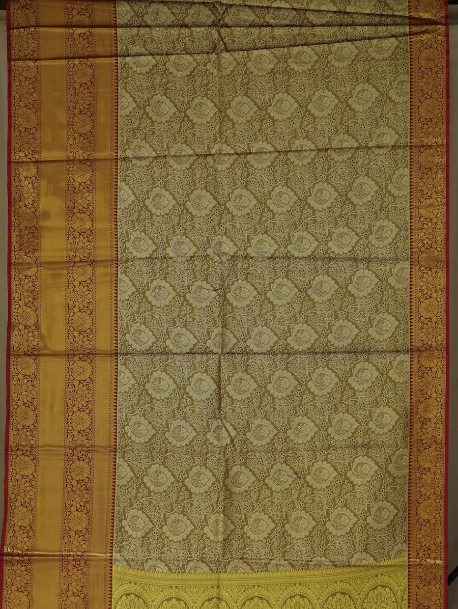 Olive Gold Kanchipuram Inspired Semi Silk Saree with Wide Wide Contrast Border