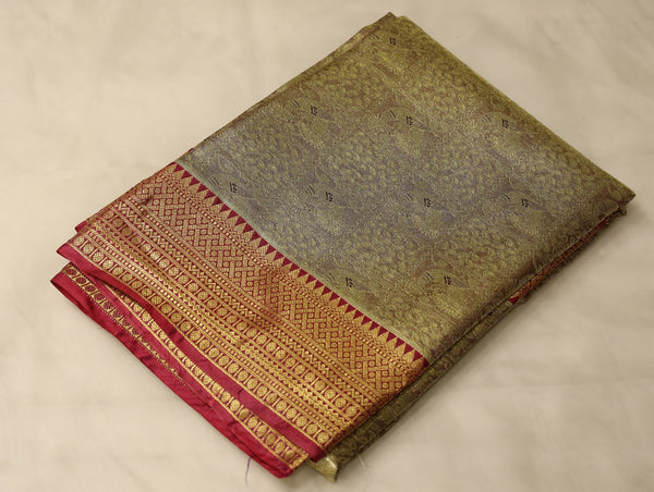 Champagne Gold Kanchipuram Inspired Semi Silk Saree with Wide Wide Contrast Border