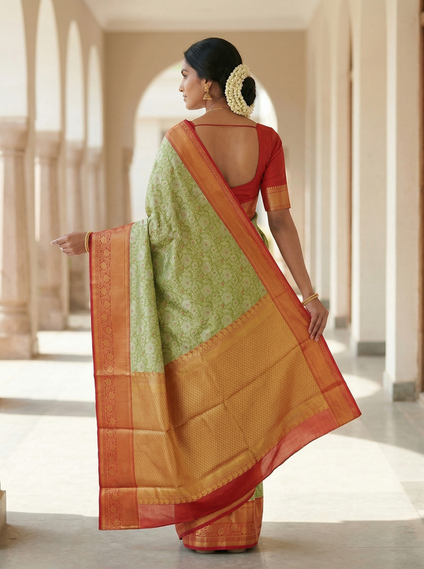 Sage Green Kanchipuram Inspired Semi Silk Saree with Wide Wide Contrast Border