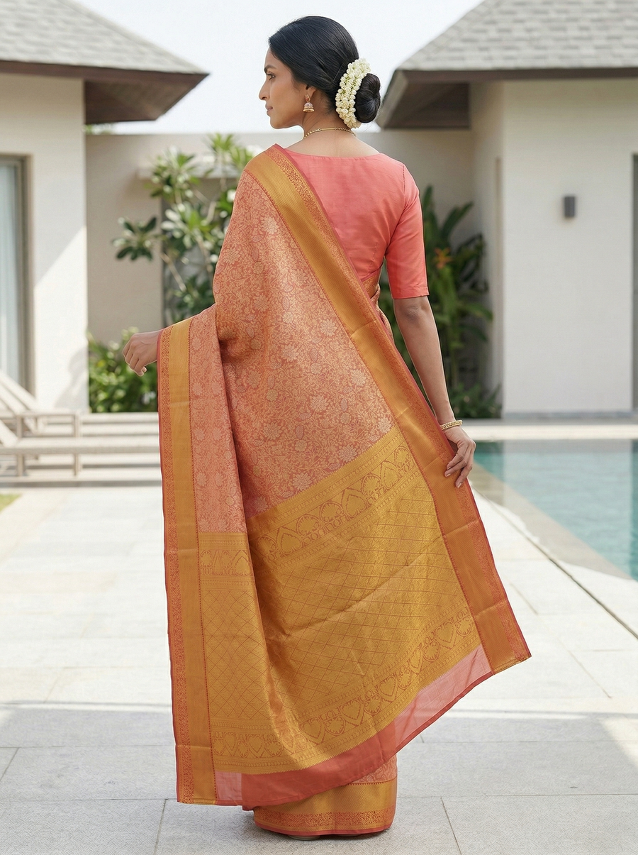 Sunset Coral Kanchipuram Inspired Semi Silk Saree with Medium Medium Contrast Border