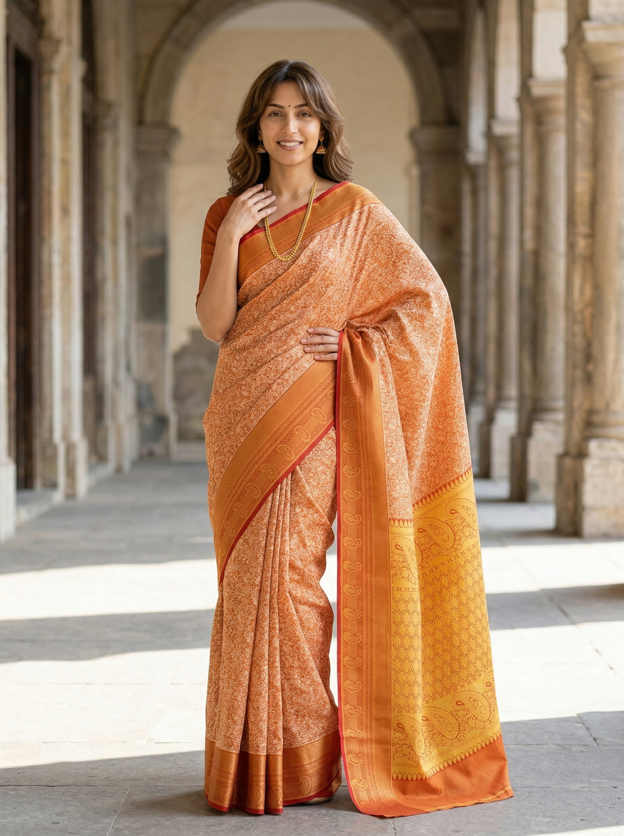 Burnt Orange Mysore Inspired Semi Silk Saree with Medium Medium Contrast Border