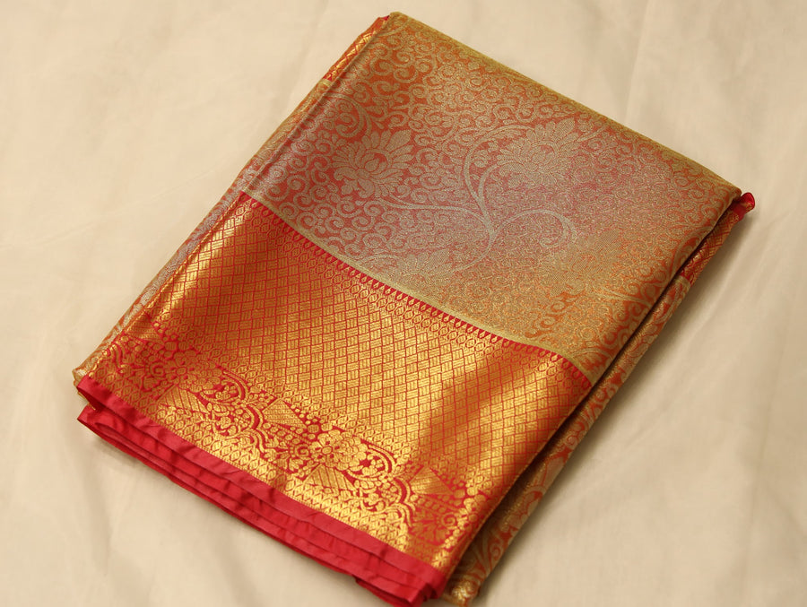 Burnt Orange Kanchipuram Inspired Semi Silk Saree with Medium Medium Contrast Border