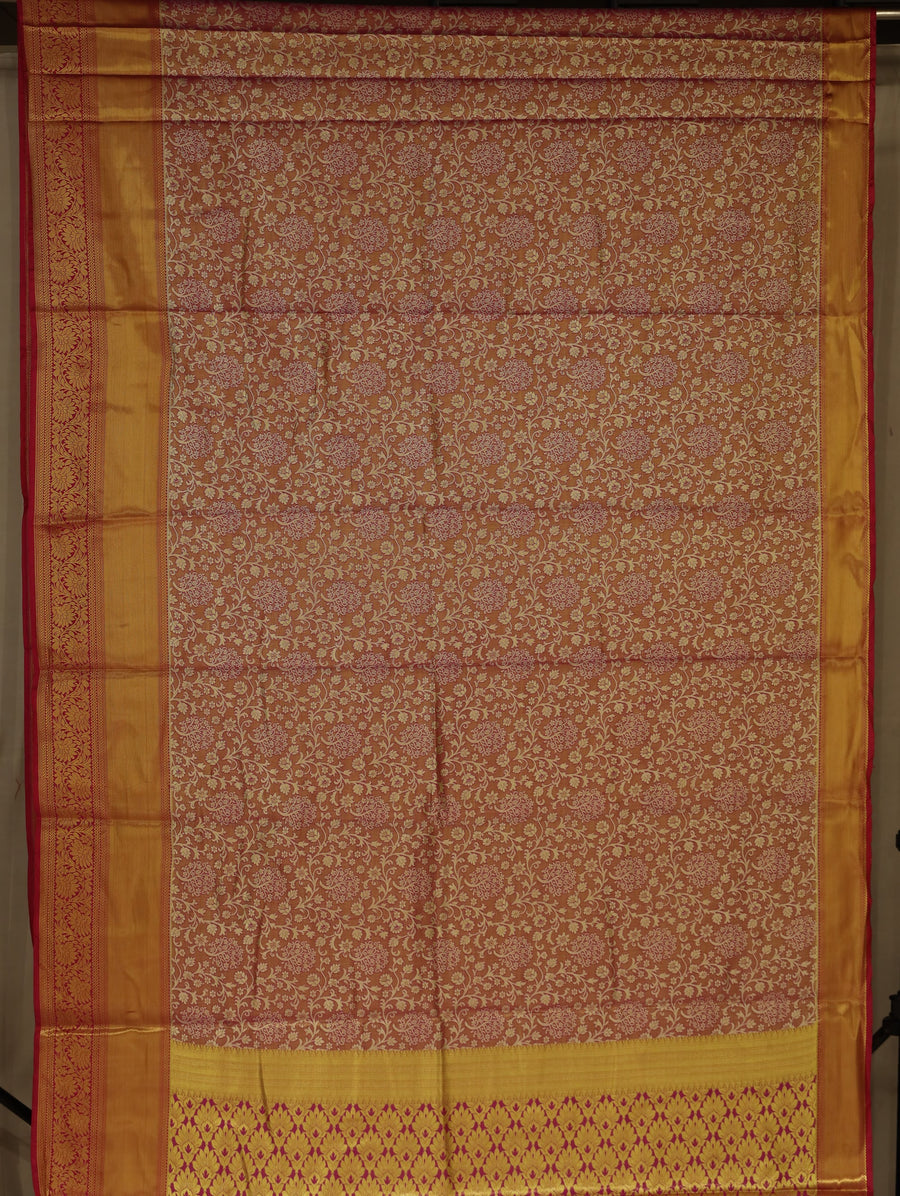 Saffron Gold Dharmavaram Inspired Semi Silk Saree with Wide Wide Contrast Border