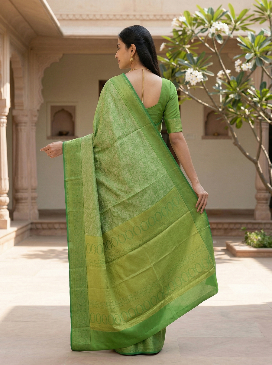 Olive Green Kanchipuram Inspired Semi Silk Saree with Wide Medium Self Border