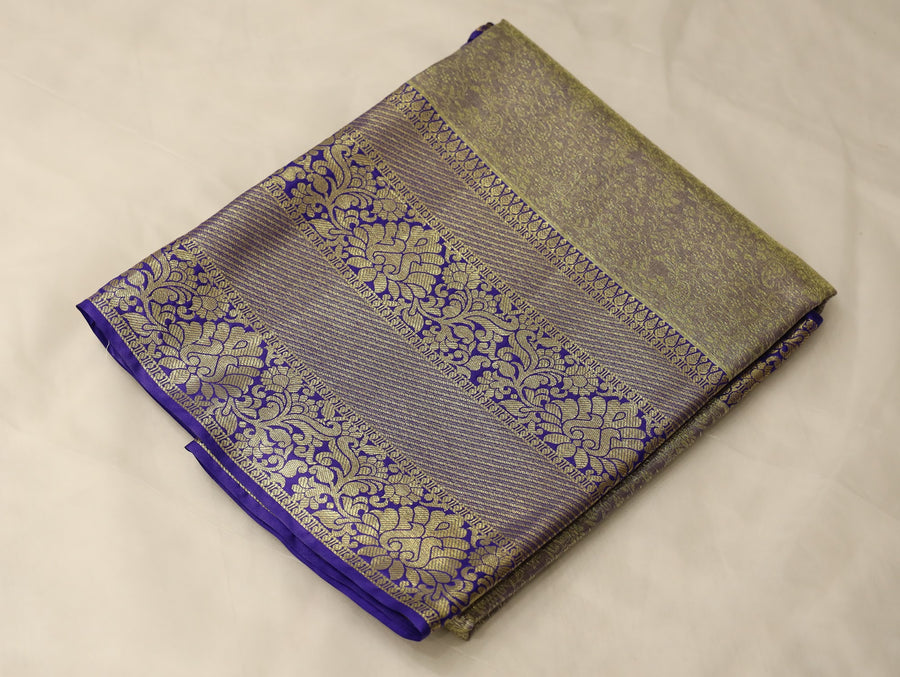 Champagne Gold Kanchipuram Inspired Semi Silk Saree with Wide Wide Contrast Border