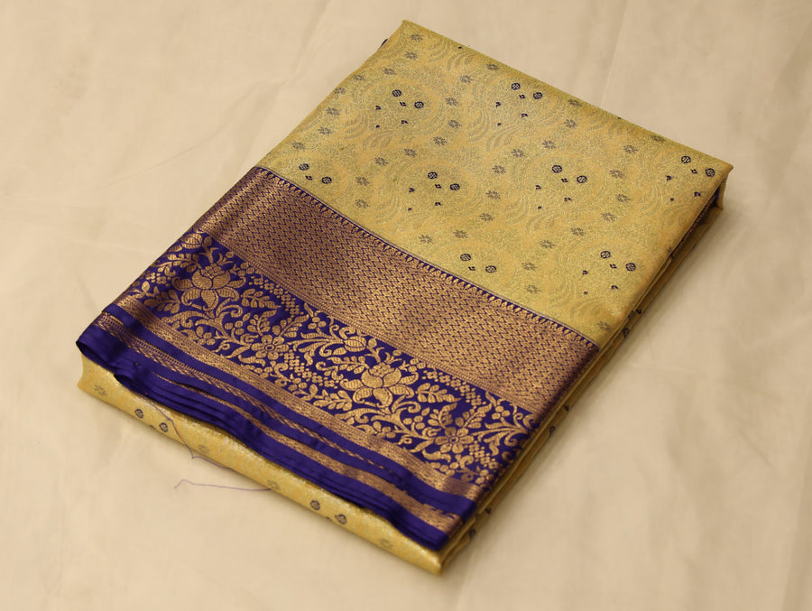 Champagne Gold Dharmavaram Inspired Semi Silk Saree with Wide Wide Contrast Border