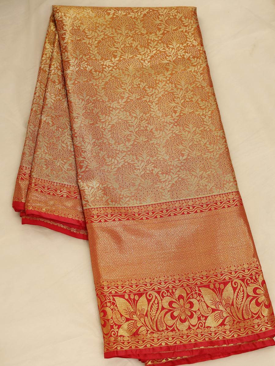 Burnt Orange Kanchipuram Inspired Semi Silk Saree with Wide Wide Contrast Border