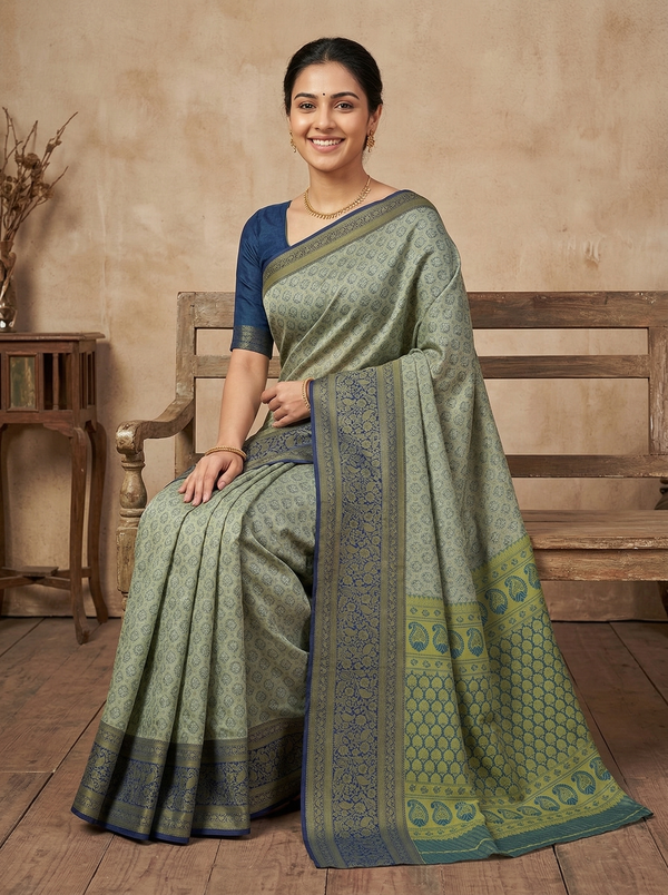 Sage Green Dharmavaram Inspired Semi Silk Saree with Medium Medium Contrast Border