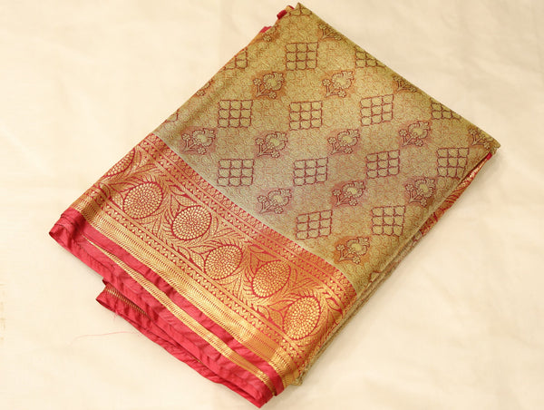 Champagne Gold Dharmavaram Inspired Semi Silk Saree with Wide Wide Contrast Border