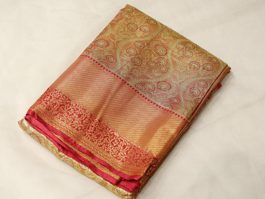 Burnt Orange Kanchipuram Inspired Semi Silk Saree with Medium Medium Contrast Border