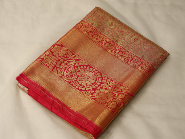 Champagne Gold Kanchipuram Inspired Semi Silk Saree with Medium Medium Contrast Border