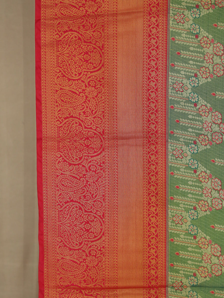 Sage Green Kanchipuram Inspired Semi Silk Saree with Wide Wide Contrast Border