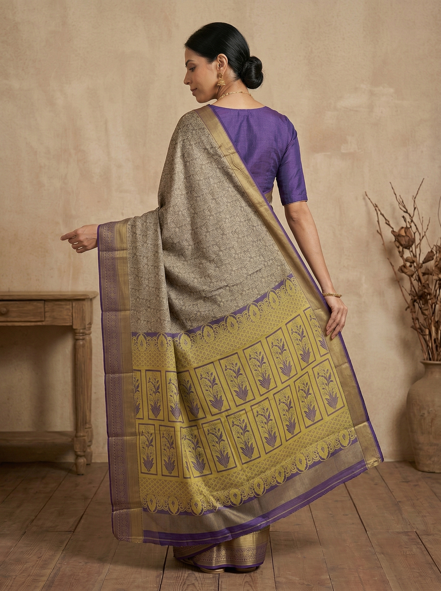 Soft Taupe Dharmavaram Inspired Semi Silk Saree with Wide Wide Contrast Border
