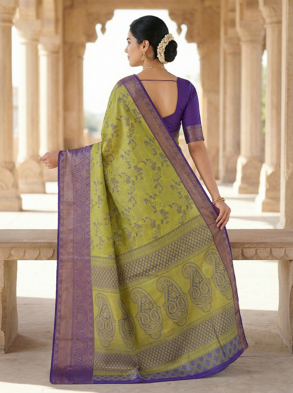 Lime Green Gadwal Inspired Semi Silk Saree with Wide Wide Contrast Border