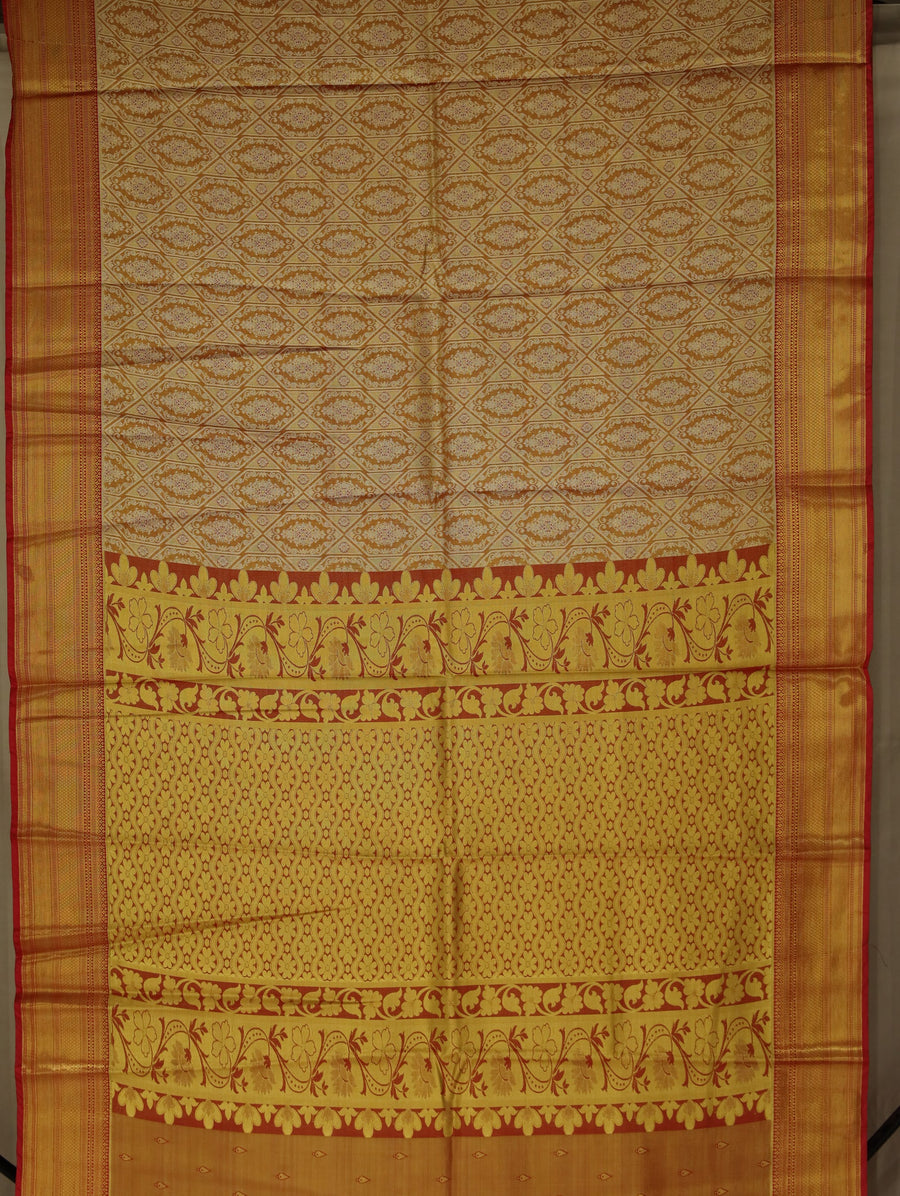 Champagne Gold Kanchipuram Inspired Semi Silk Saree with Wide Wide Contrast Border