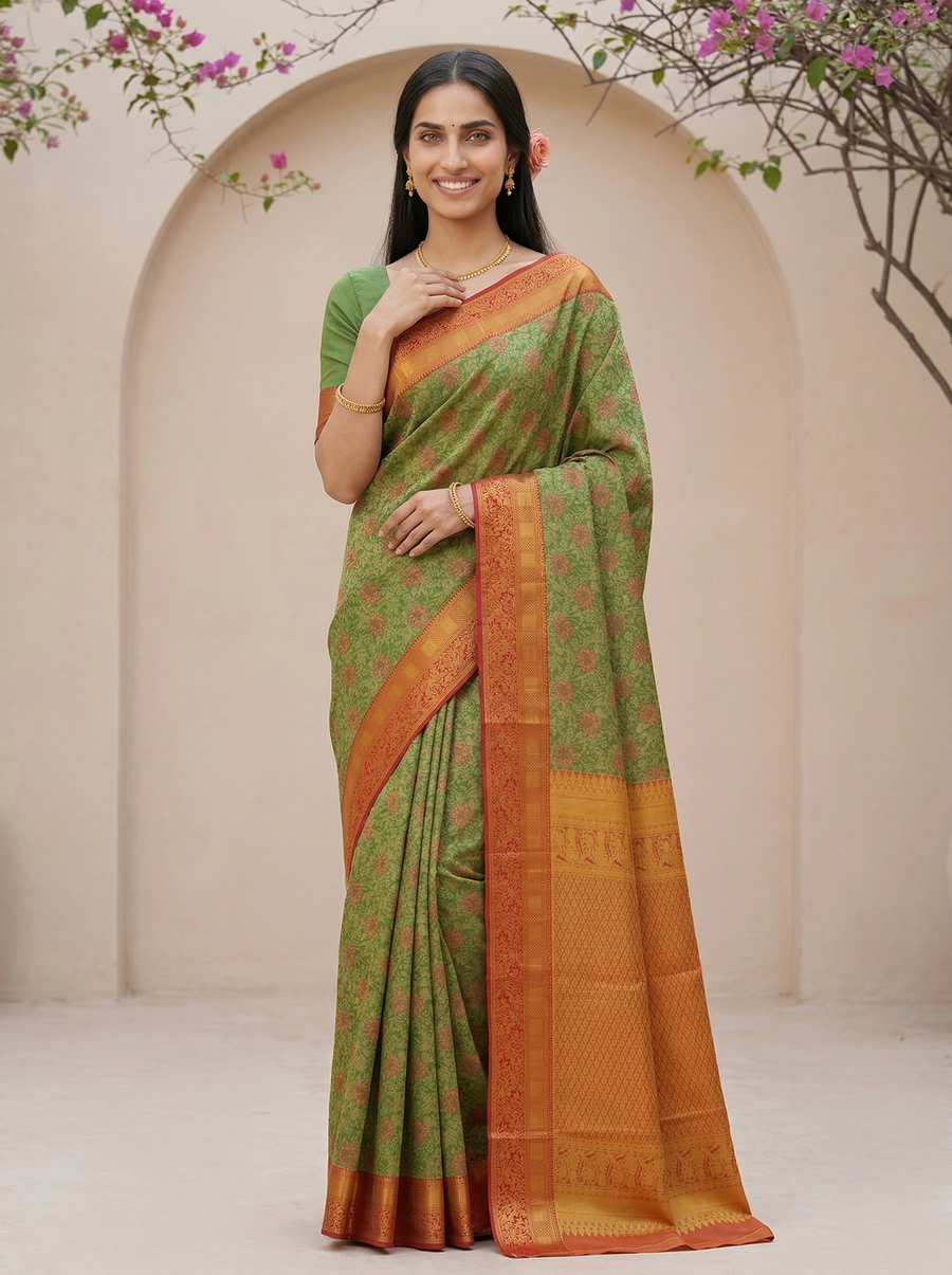 Sage Green Kanchipuram Inspired Semi Silk Saree with Medium Medium Contrast Border