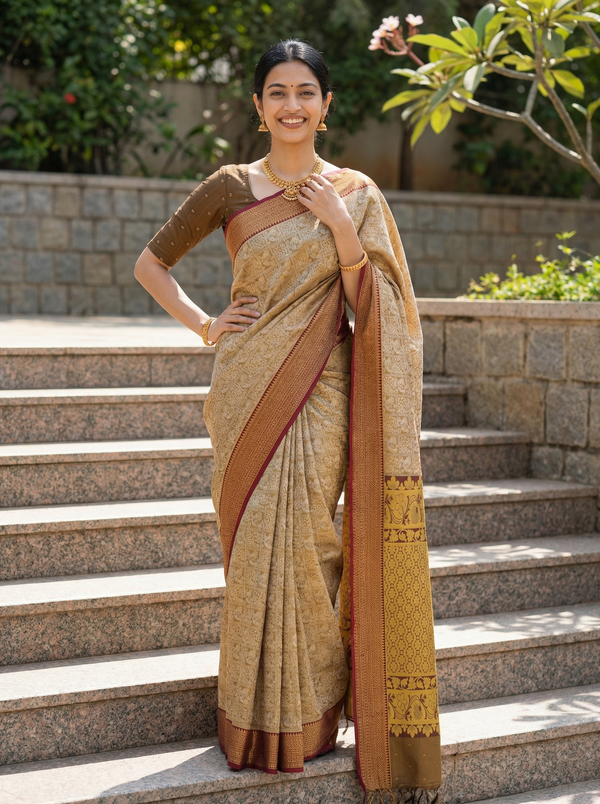Champagne Gold Kanchipuram Inspired Semi Silk Saree with Wide Wide Contrast Border