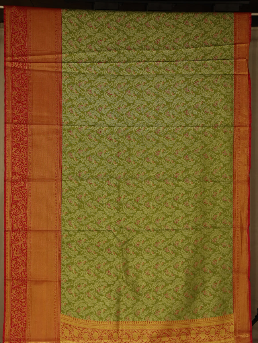 Sage Green Kanchipuram Inspired Semi Silk Saree with Wide Wide Contrast Border