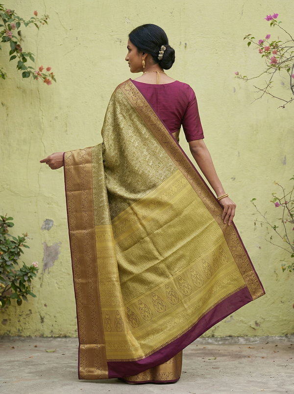 Antique Gold Kanchipuram Inspired Semi Silk Saree with Wide Wide Contrast Border