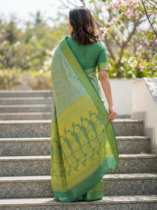 Sage Green Uppada Inspired Semi Silk Saree with Medium Medium Contrast Border