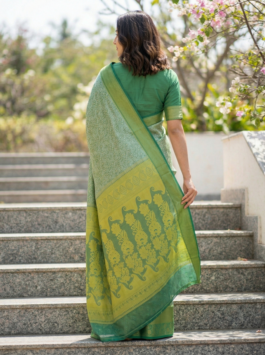 Sage Green Uppada Inspired Semi Silk Saree with Medium Medium Contrast Border