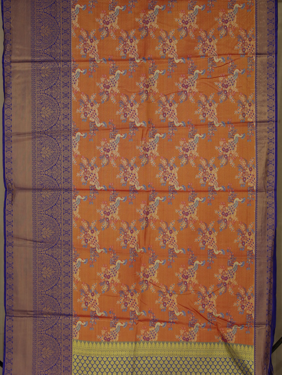 Burnt Orange Kanchipuram Inspired Semi Silk Saree with Wide Wide Contrast Border