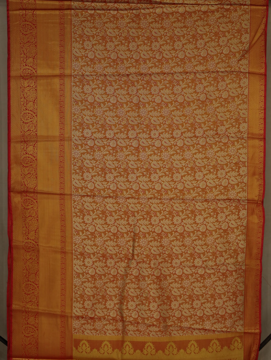 Burnt Orange Dharmavaram Inspired Semi Silk Saree with Wide Wide Contrast Border