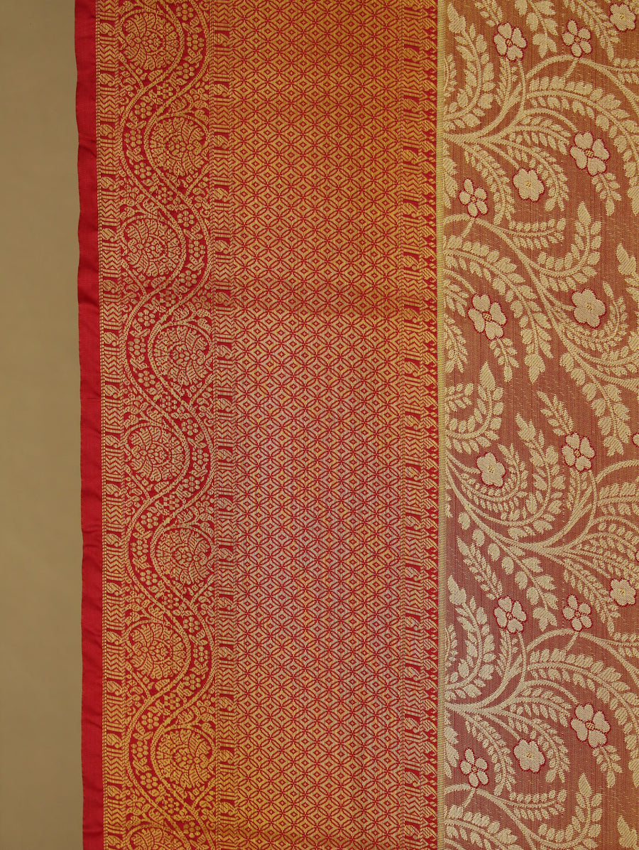 Burnt Orange Kanchipuram Inspired Semi Silk Saree with Wide Wide Contrast Border