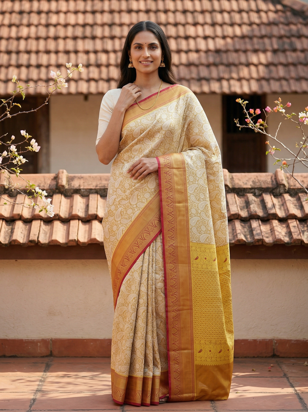 Champagne Gold Dharmavaram Inspired Semi Silk Saree with Wide Wide Contrast Border