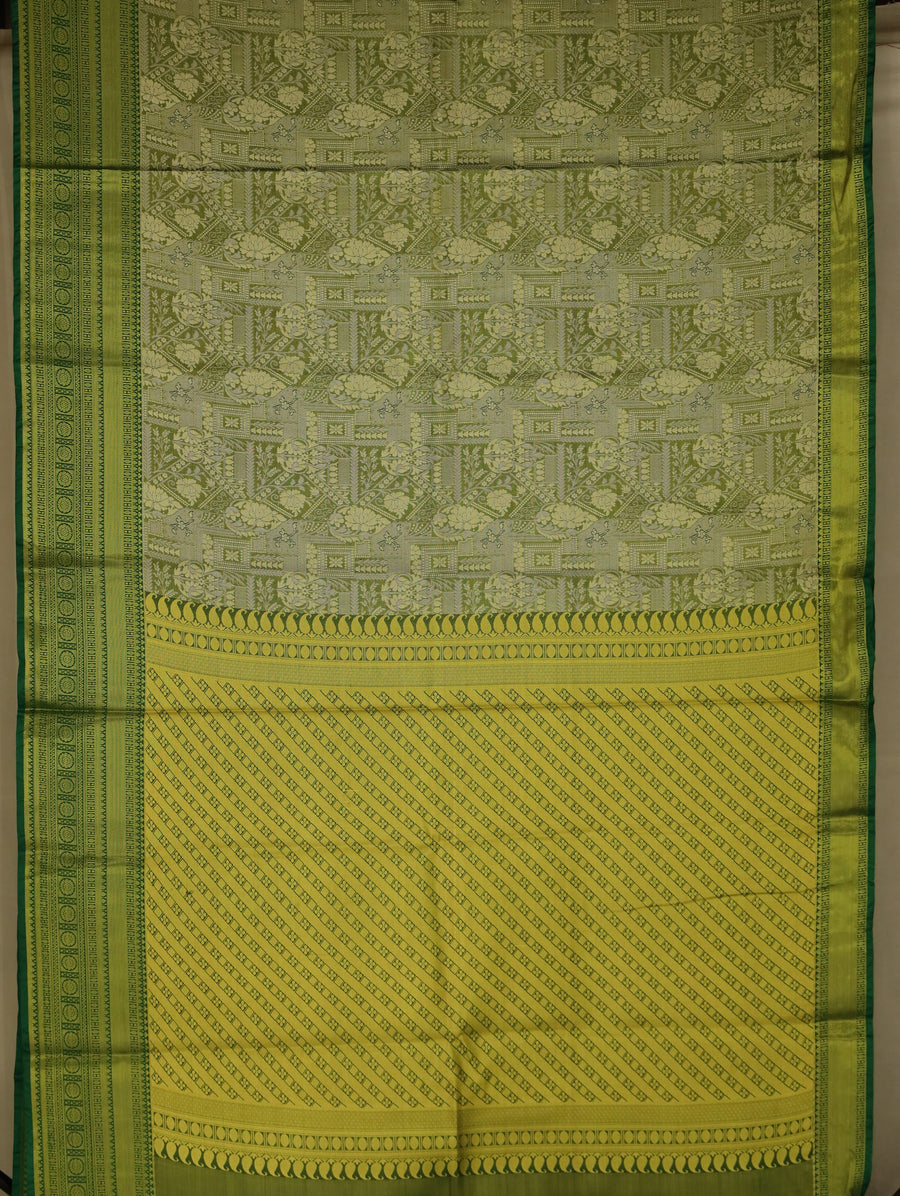 Olive Green Kanchipuram Inspired Semi Silk Saree with Medium Medium Contrast Border