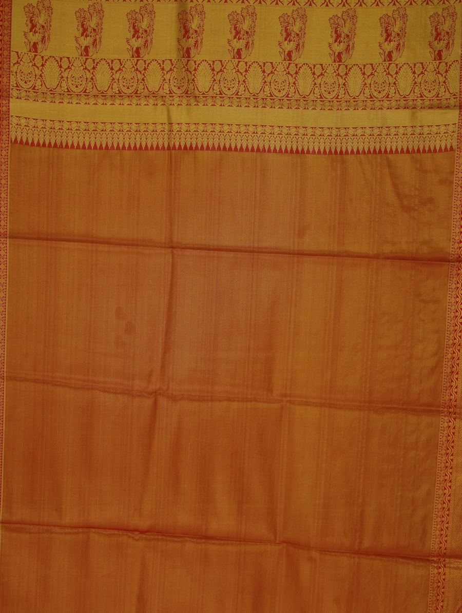 Burnt Orange Kanchipuram Inspired Semi Silk Saree with Wide Wide Contrast Border