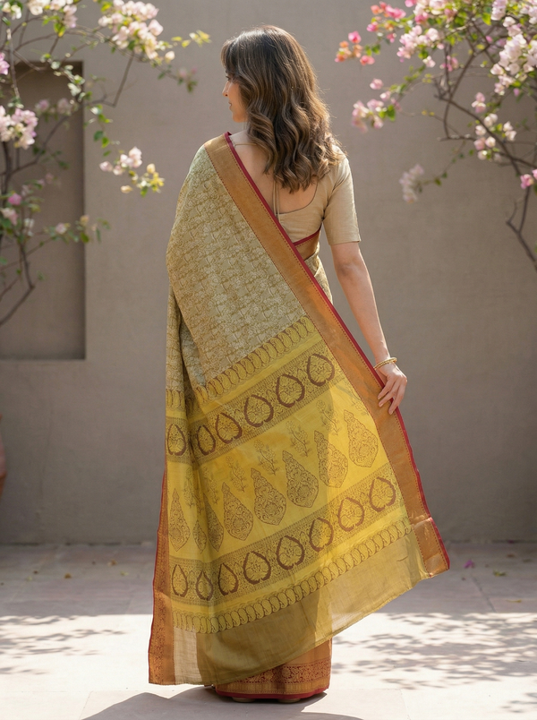 Mustard Yellow Dharmavaram Inspired Semi Silk Saree with Medium Medium Contrast Border