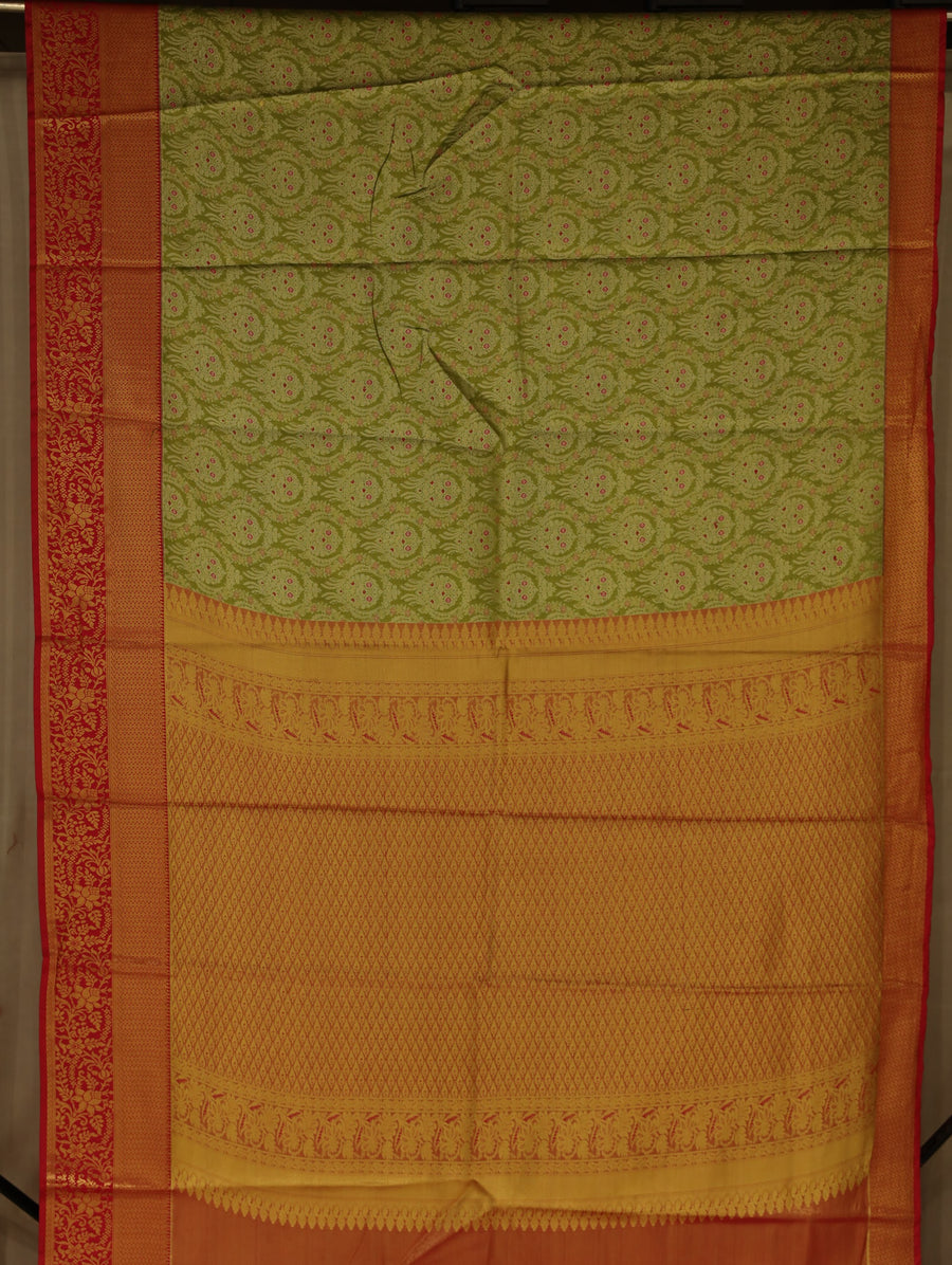 Olive Green Kanchipuram Inspired Semi Silk Saree with Medium Medium Contrast Border