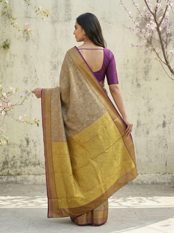 Champagne Gold Kanchipuram Inspired Semi Silk Saree with Wide Wide Contrast Border