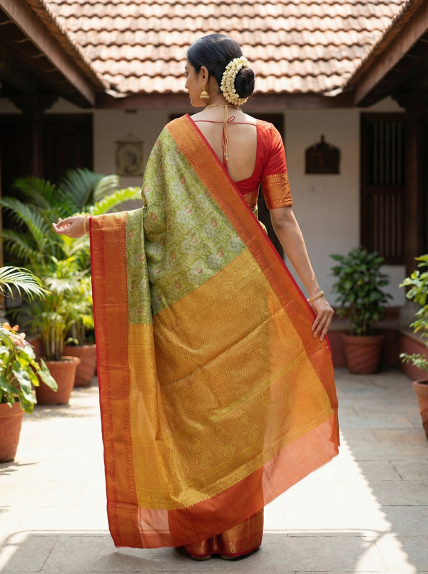 Sage Green Kanchipuram Inspired Semi Silk Saree with Wide Wide Contrast Border