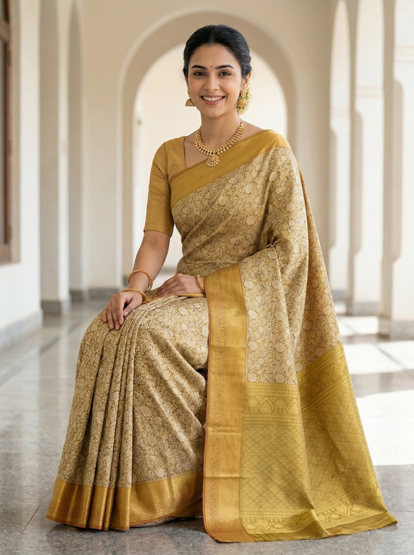 Champagne Gold Dharmavaram Inspired Semi Silk Saree with Wide Wide Contrast Border