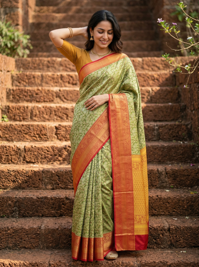 Mustard Gold Kanchipuram Inspired Semi Silk Saree with Medium Medium Contrast Border